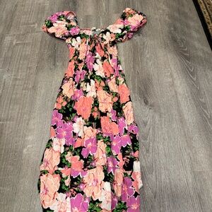 Pink and green floral maxi dress with off-the-shoulder sleeves #fairycore